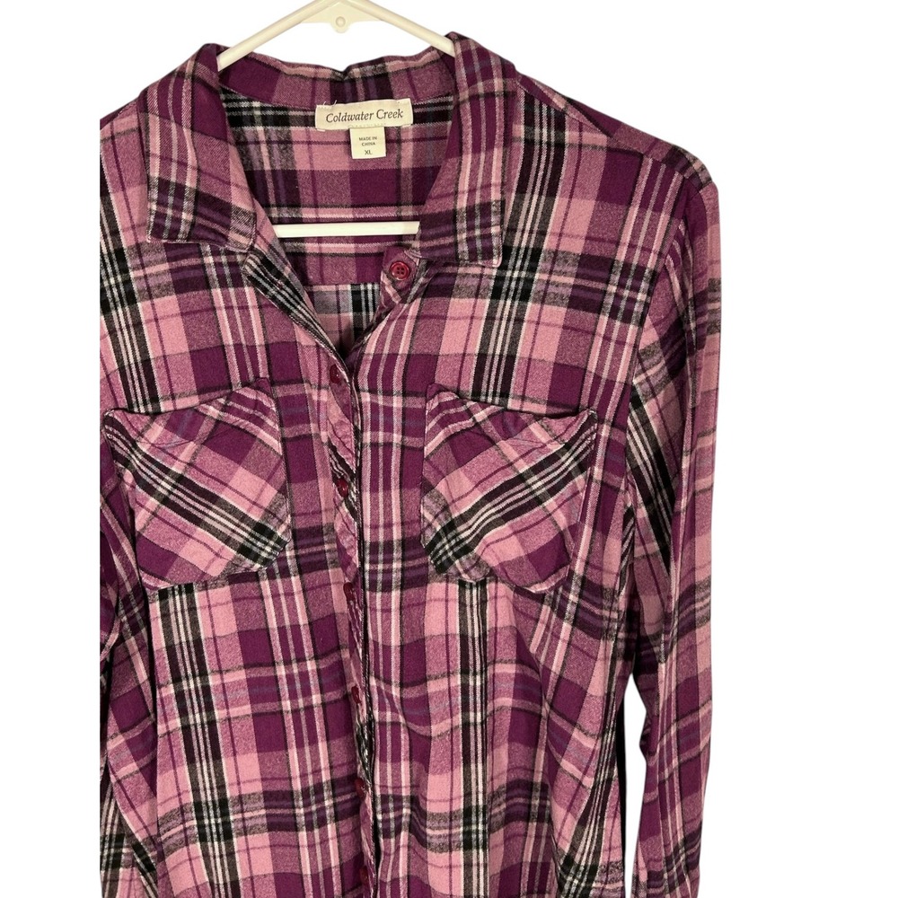 Coldwater Creek Purple Plaid Flannel Rayon Button Down Roll Tab Sleeve Shirt XL
